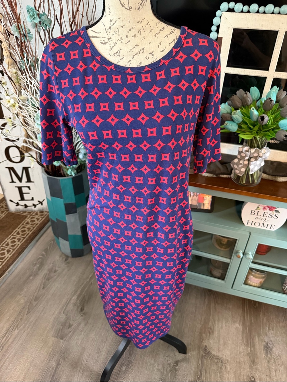 LuLaRoe Navy and Pink Geometric Midi Dress Medium